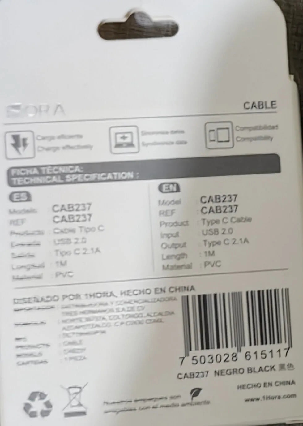 CAB237 - 1M Type "C" and "A" Cable 2.1A Charging and Data 1 Hour