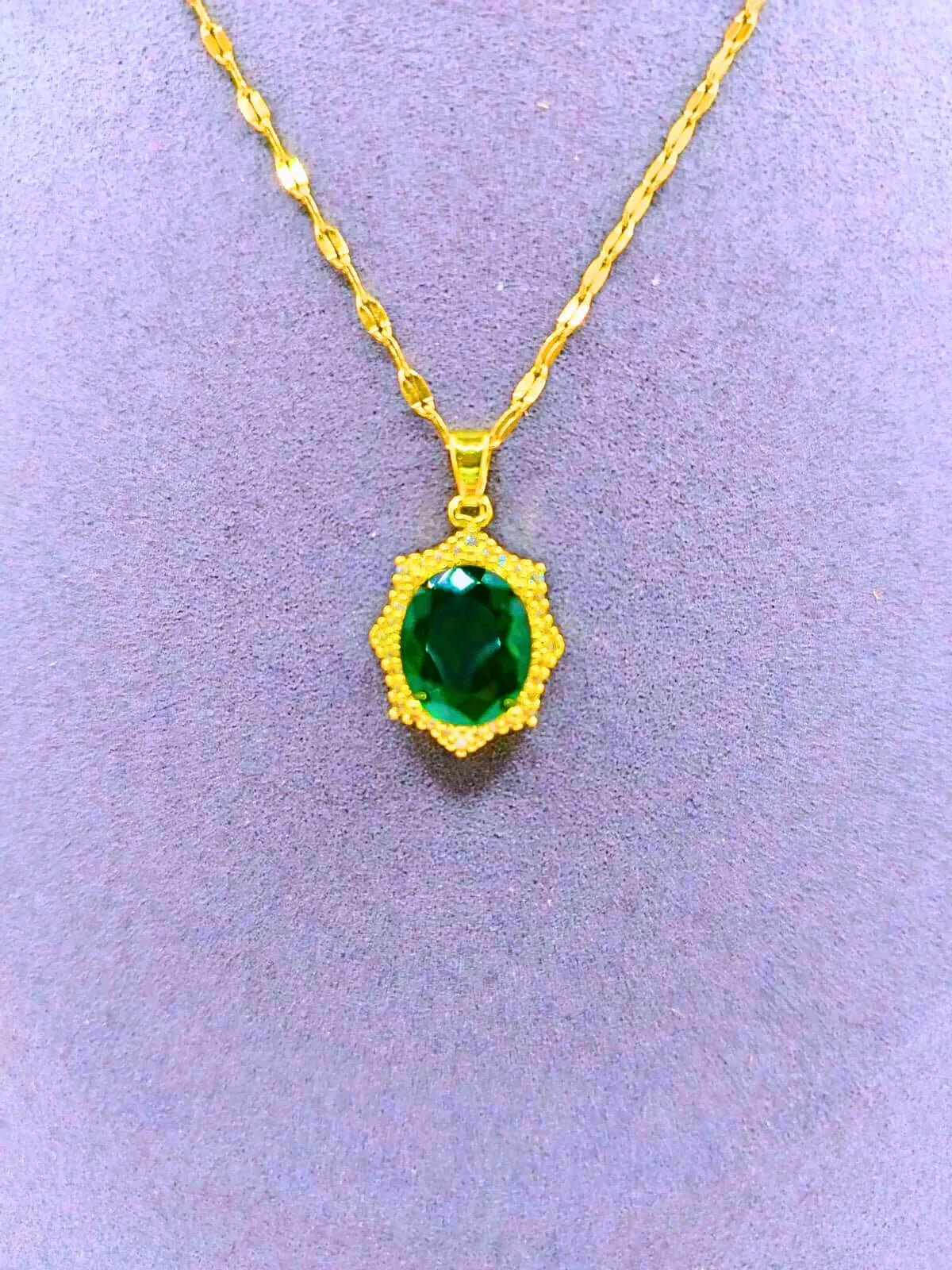 Titanium Steel Necklace and Earrings Set "King's Crown" with Faceted Green Cubic Zirconia and 14k Gold Plating by Calenbi