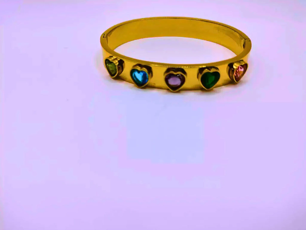 Pulsera Acero Inoxidable Circonita Cubica Corazónes Chapa Oro 12k Calenbi
