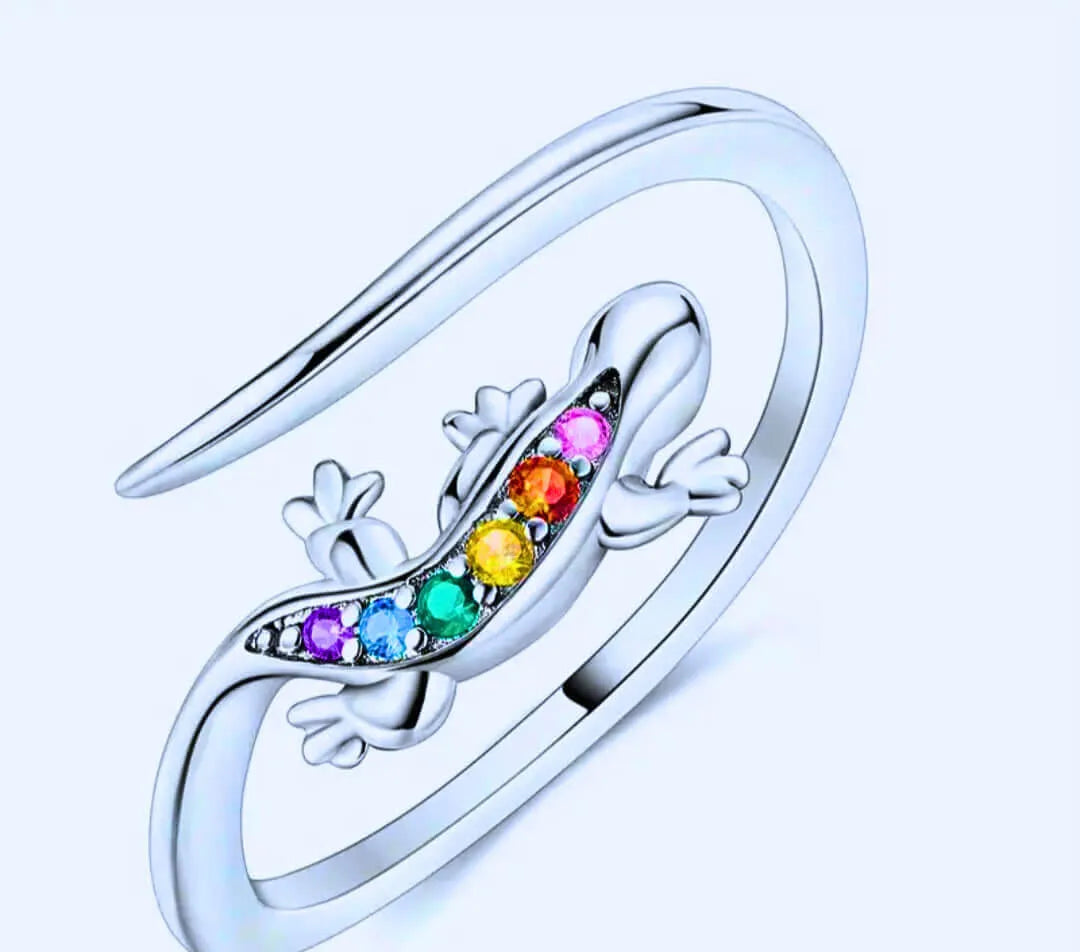 S925 Sterling Silver Ring with Cubic Zirconia and Colorful Salamander Design by Calenbi