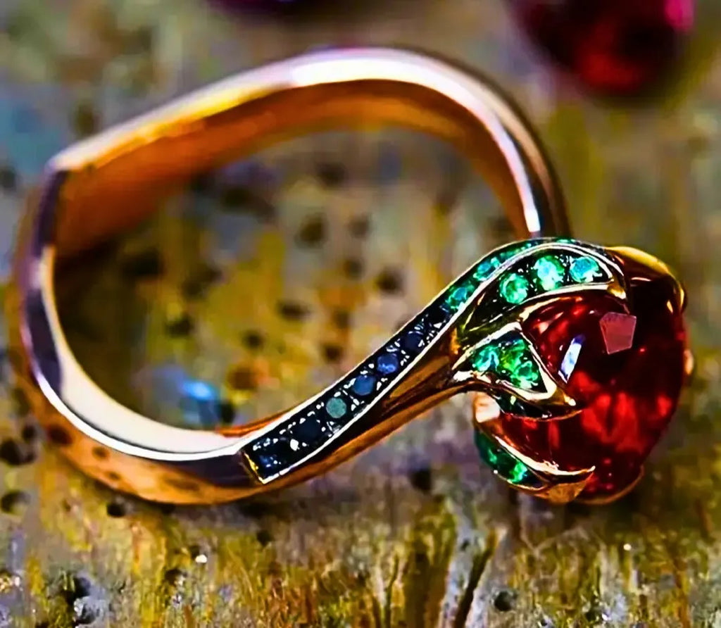 Copper Ring "Eternal Flower" Red Cubic Zirconia 10k Rose Gold Plated