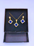 Calenbi Titanium Steel Rhombus Blue Cubic Zirconia Necklace and Earrings Set, 14k Gold Plated