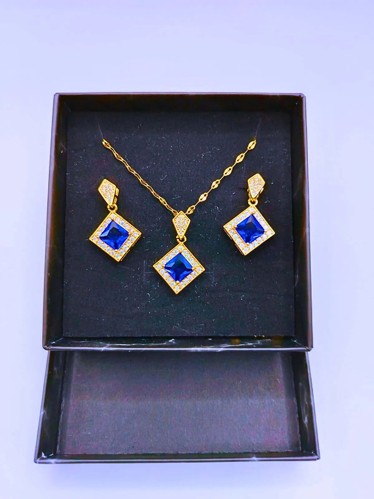 Calenbi Titanium Steel Rhombus Blue Cubic Zirconia Necklace and Earrings Set, 14k Gold Plated