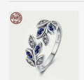 S925 Sterling Silver "Large Laurel" Ring with Blue and White Cubic Zirconia, Adjustable, Calenbi