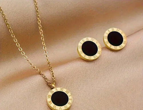 Collar y Aretes Acero Inoxidable Números Romanos Chapa Oro 10k Calenbi