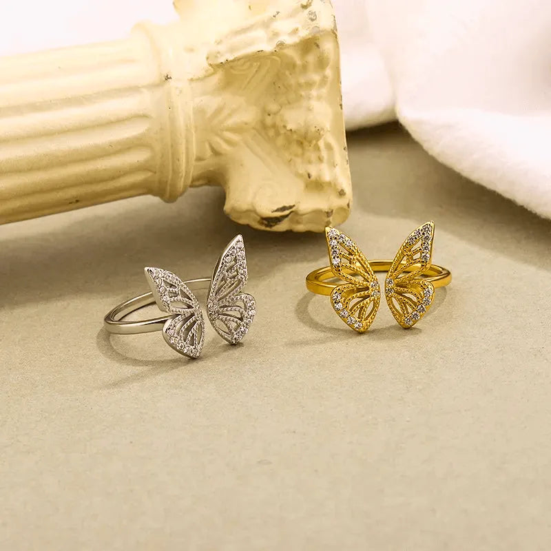 S925 Sterling Silver Butterfly Ring, Adjustable, 10k Gold Plated, Calenbi
