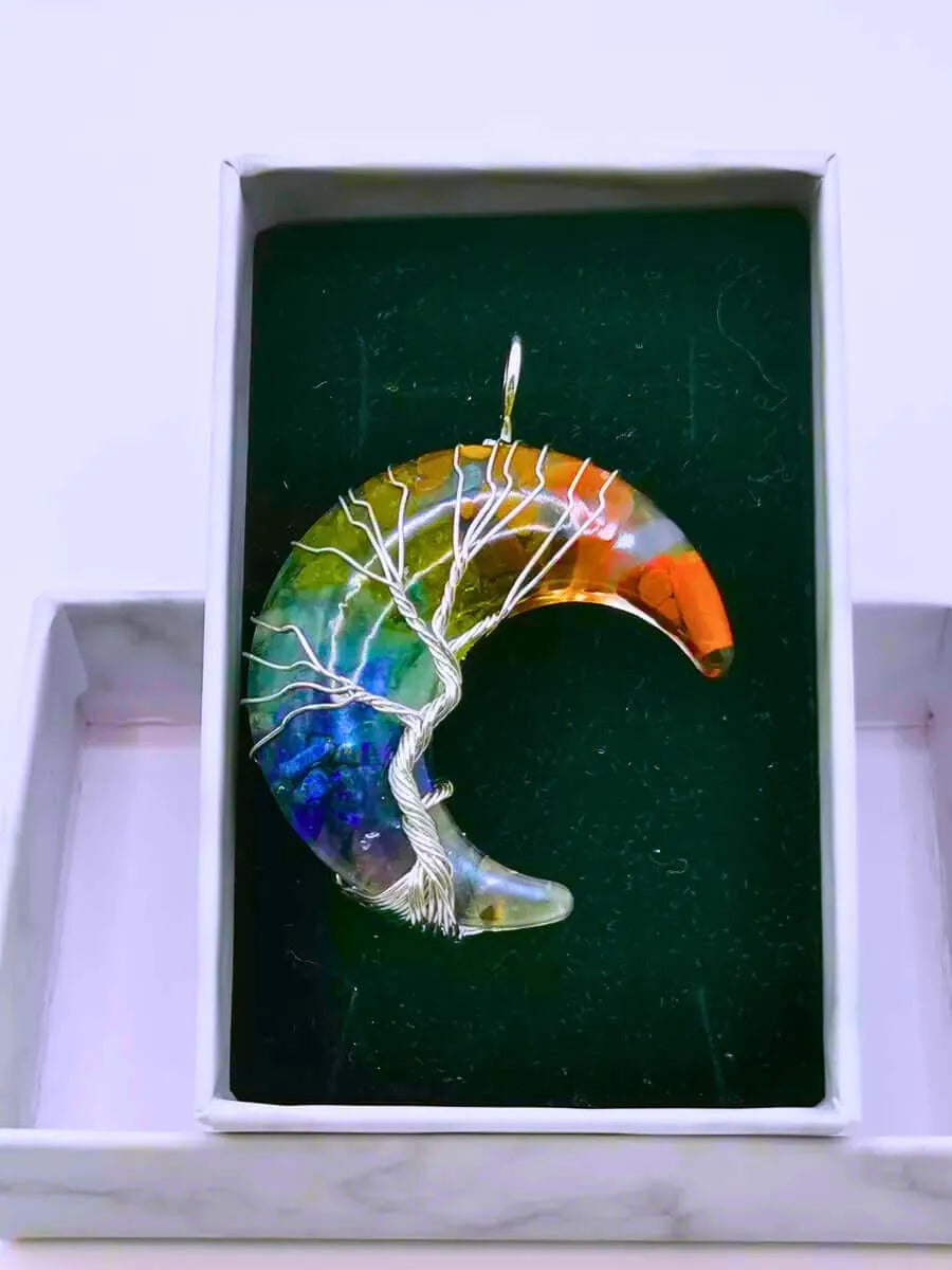 Calenbi Moon and Seven Chakras Necklace and Pendant with Natural Opal