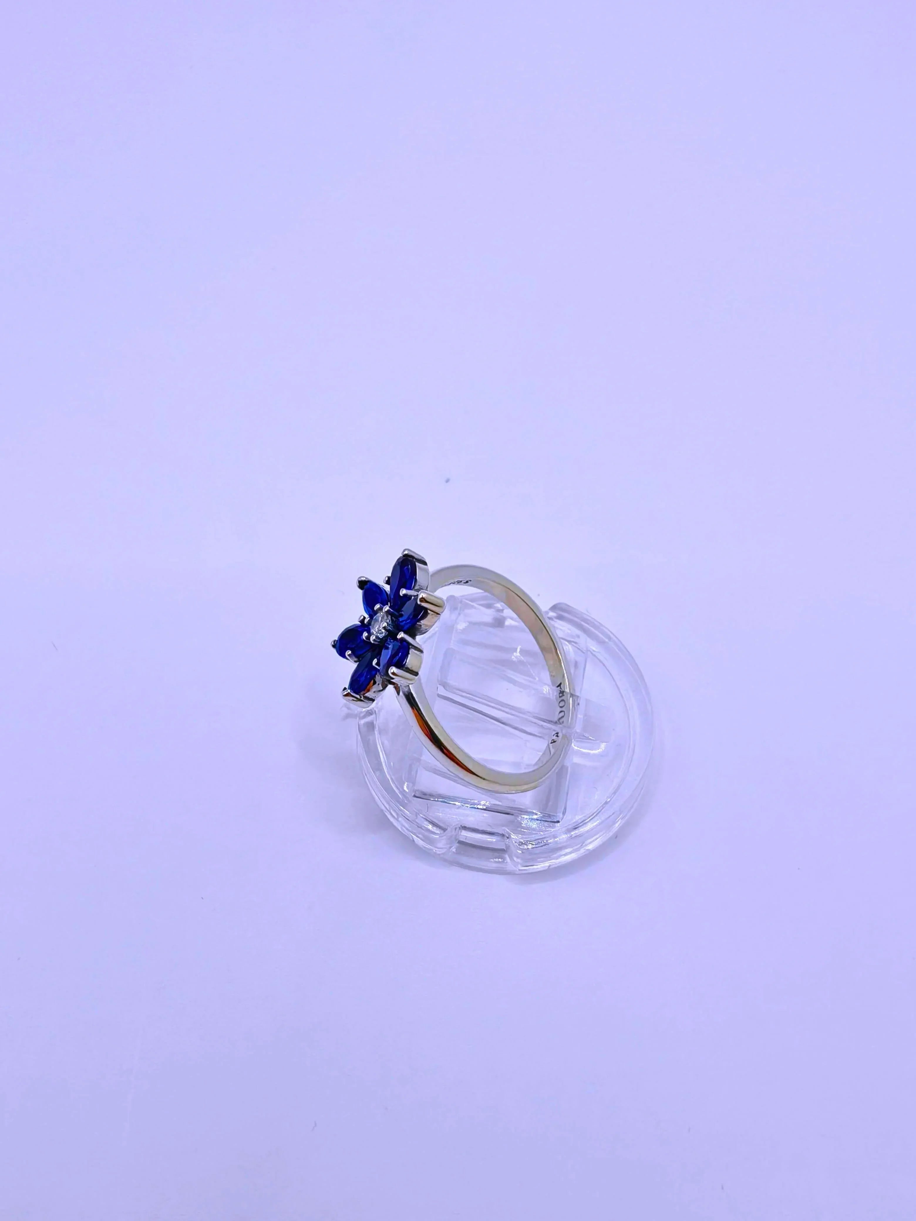 Pandora Sterling Silver 925 Flower Ring with Navy Blue Cubic Zirconia by Calenbi