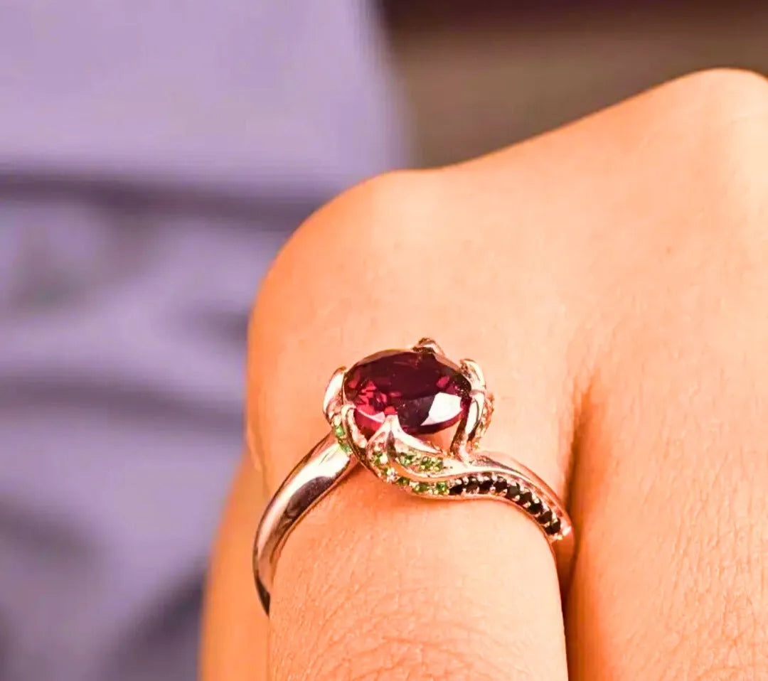 Anillo Cobre "Flor Eterna" Circonita Cubica Roja Chapa Oro Rosa 10k