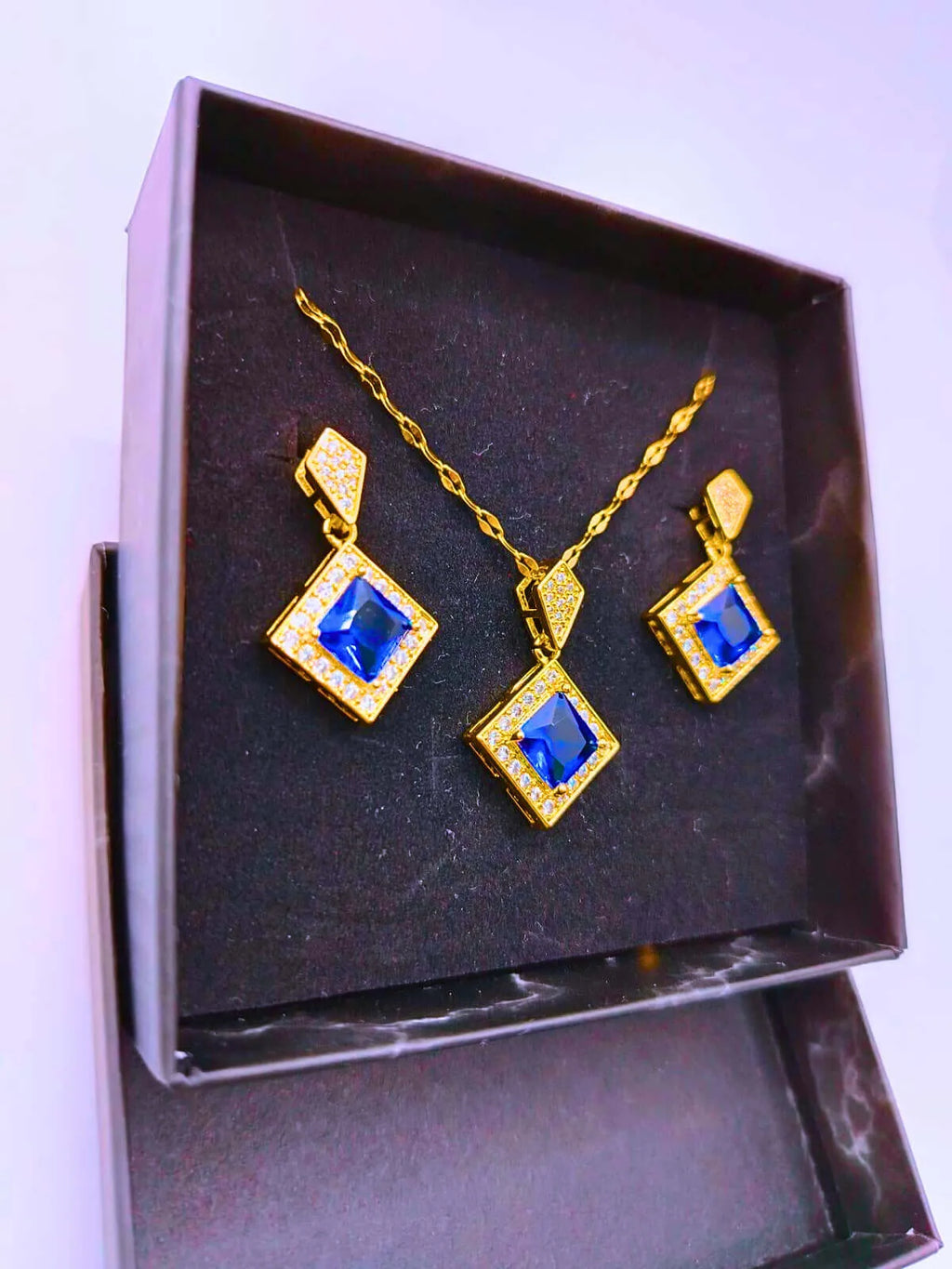 Calenbi Titanium Steel Rhombus Blue Cubic Zirconia Necklace and Earrings Set, 14k Gold Plated