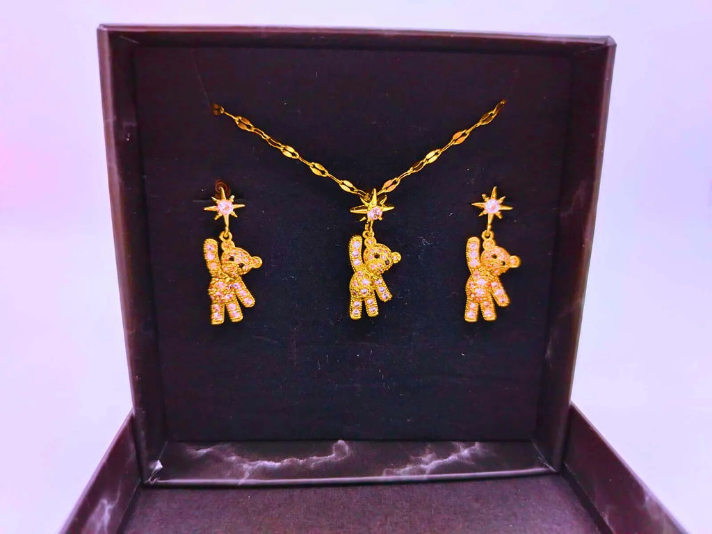 Calenbi Stainless Steel Bear Necklace and Earrings Set with White Cubic Zirconia
