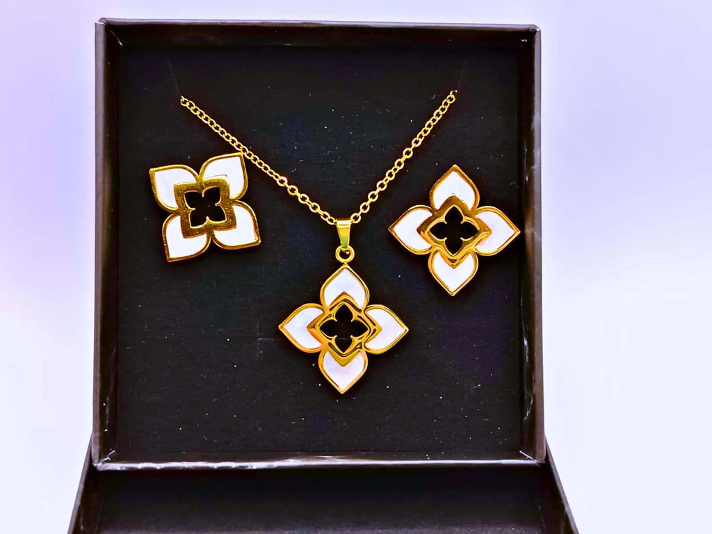 NEB0003,04 - Calenbi Titanium Steel Lotus Flower Epoxy Necklace and Earrings Set with 10k Gold Plating