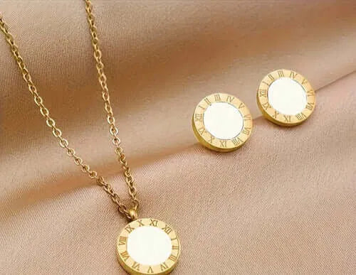 Stainless Steel Necklace and Earrings Set with Roman Numerals and 10k Gold Plating by Calenbi