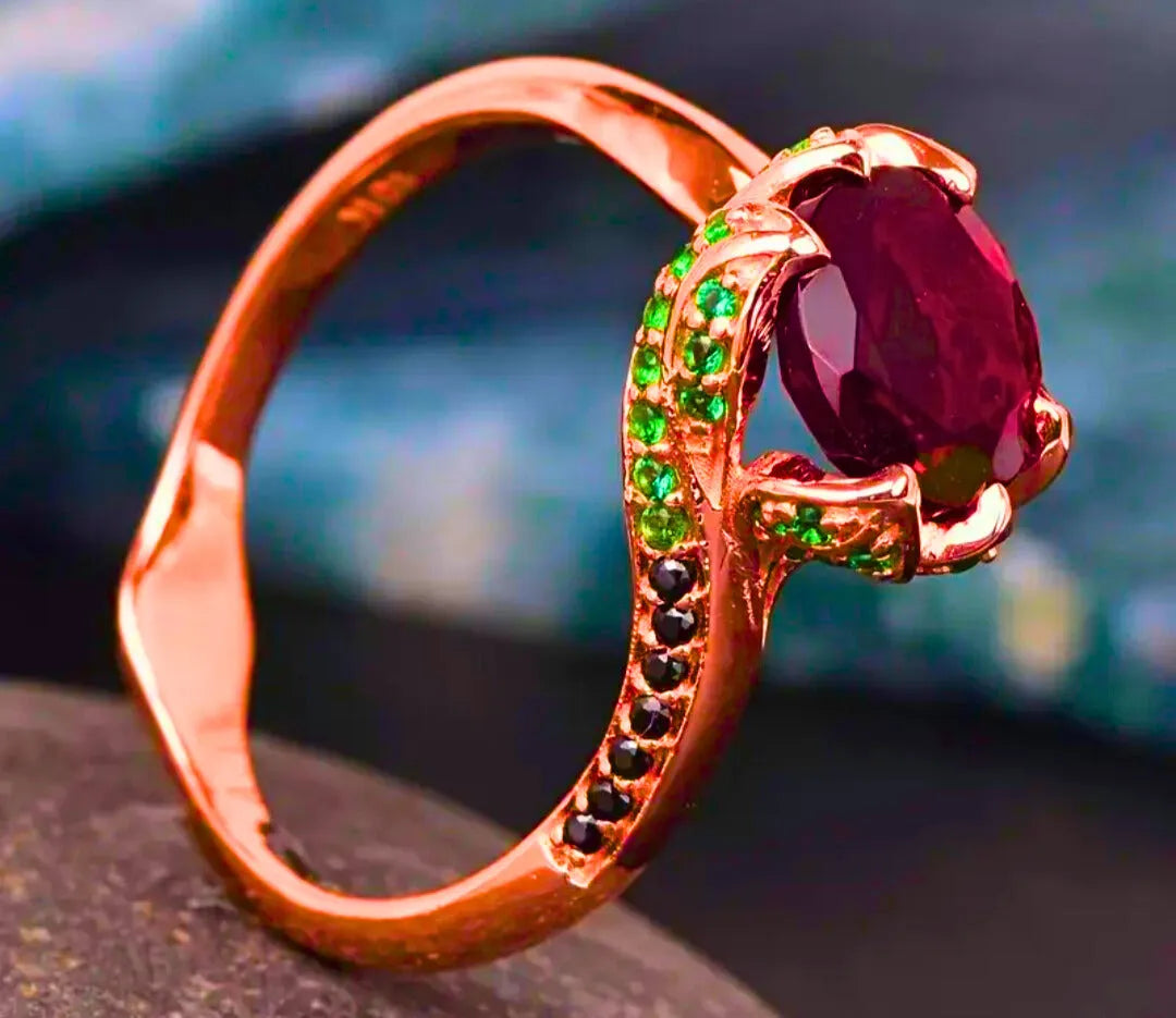 Anillo Cobre "Flor Eterna" Circonita Cubica Roja Chapa Oro Rosa 10k