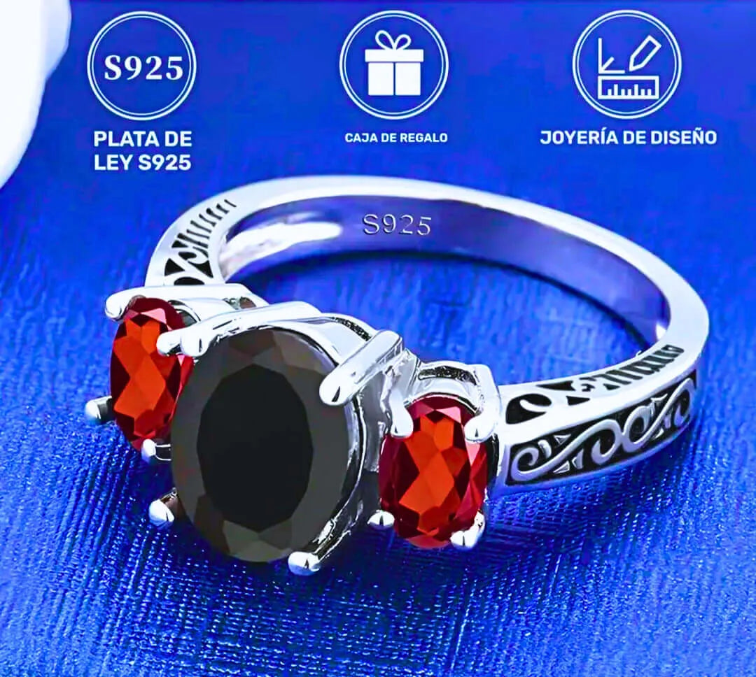 S925 Sterling Silver Ring with Black and Red Cubic Zirconia, Closed, Calenbi