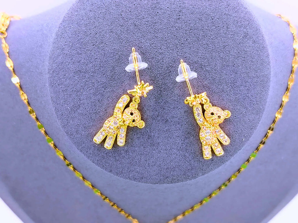 Calenbi Stainless Steel Bear Necklace and Earrings Set with White Cubic Zirconia