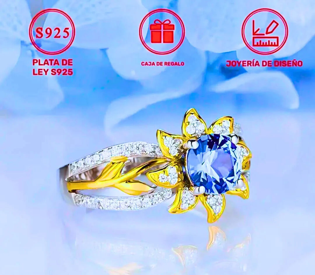 S925 Sterling Silver "Yellow Flower" Ring with Blue Cubic Zirconia and 12k Gold Plating by Calenbi