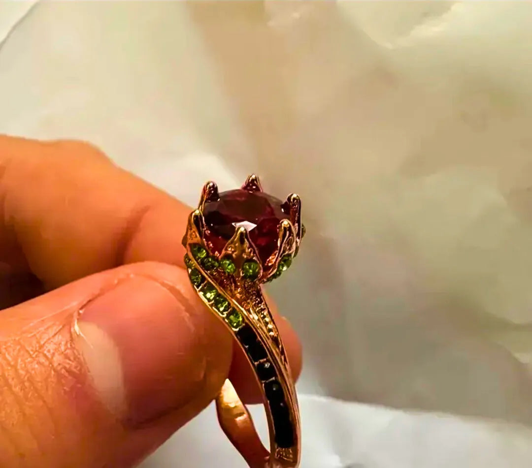 Copper Ring "Eternal Flower" Red Cubic Zirconia 10k Rose Gold Plated