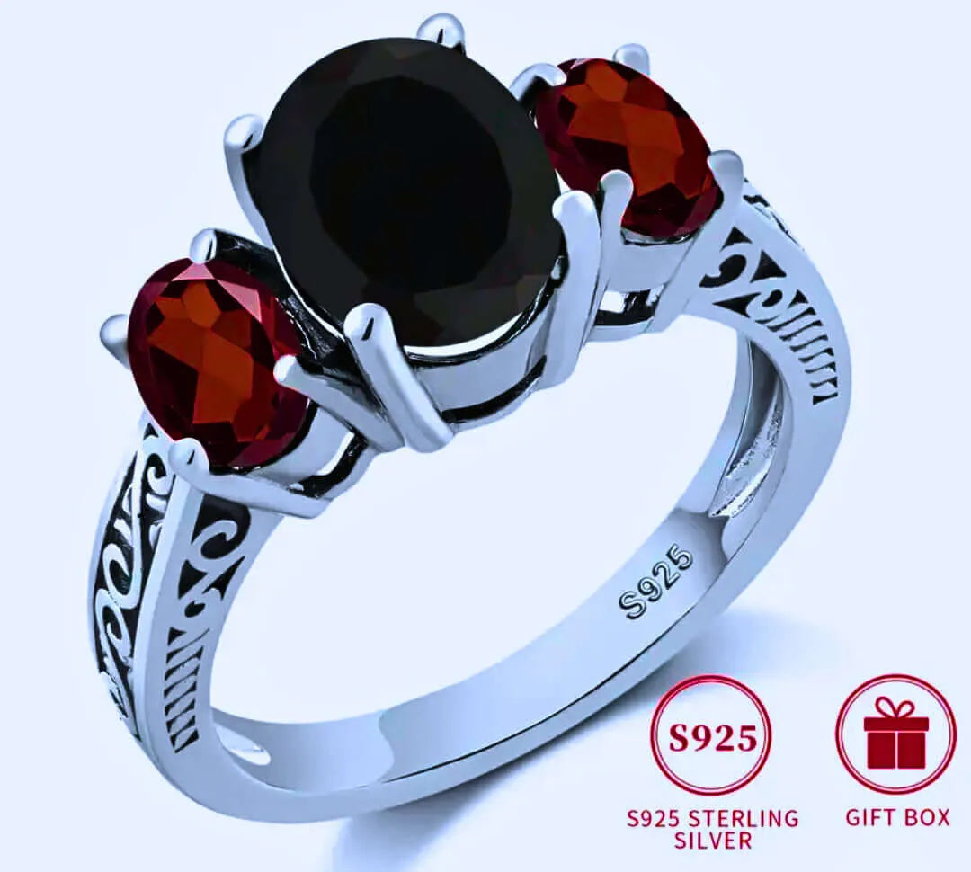 S925 Sterling Silver Ring with Black and Red Cubic Zirconia, Closed, Calenbi