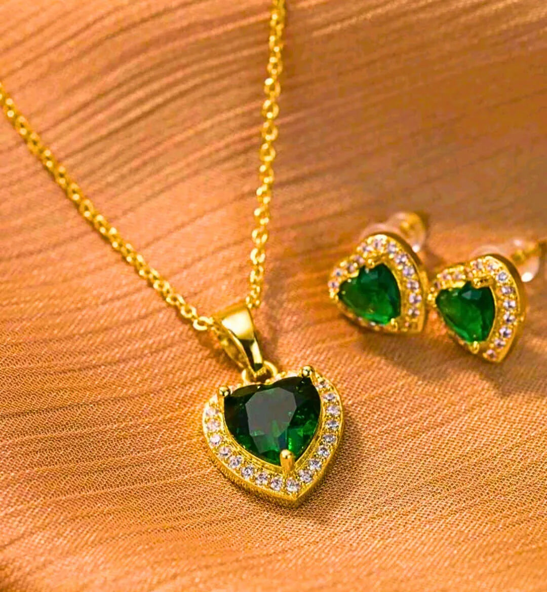 Stainless Steel Necklace and Earrings Set with Heart, Green Cubic Zirconia, 10k Gold Plated, Calenbi