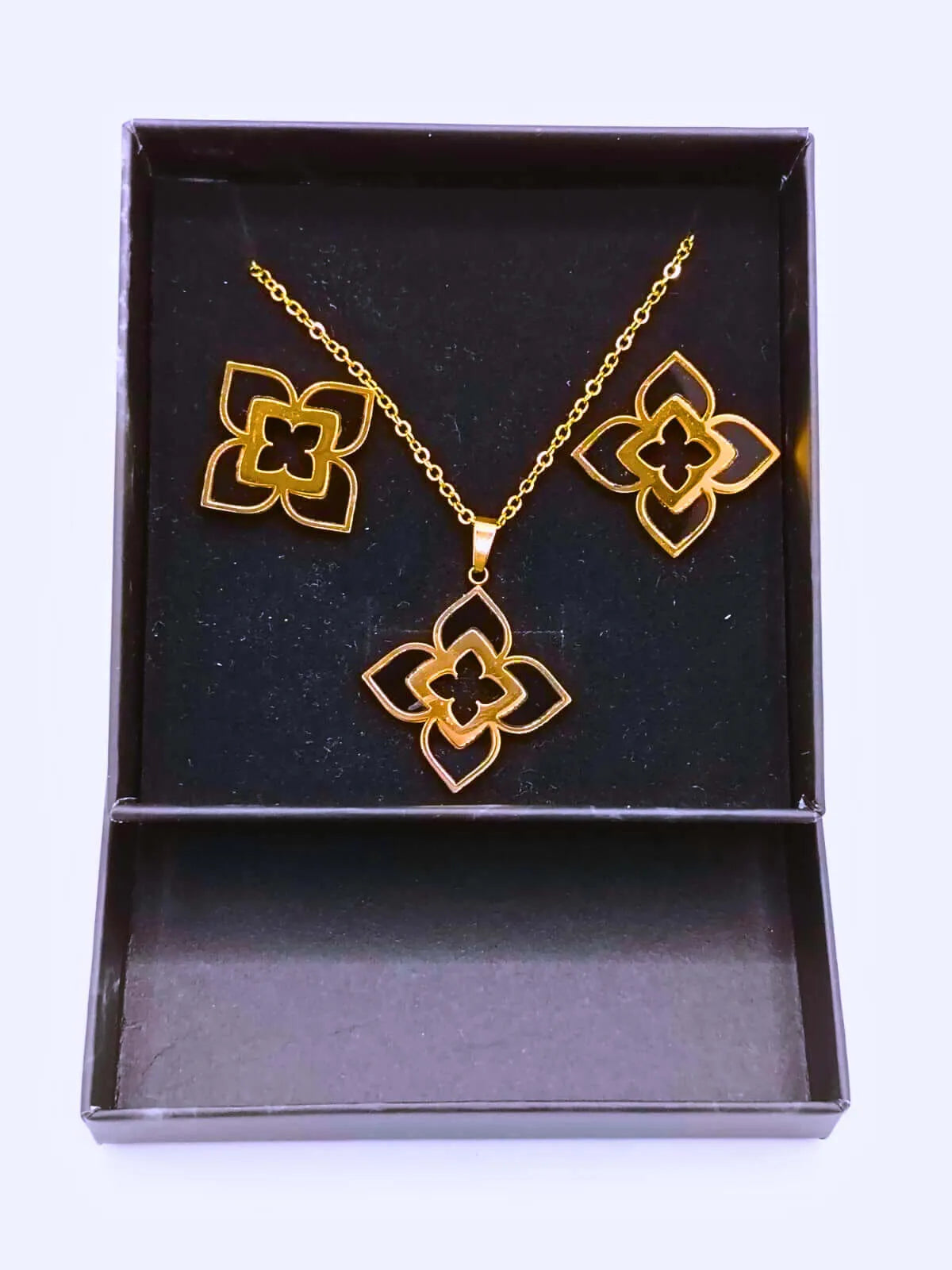 NEB0003,04 - Calenbi Titanium Steel Lotus Flower Epoxy Necklace and Earrings Set with 10k Gold Plating