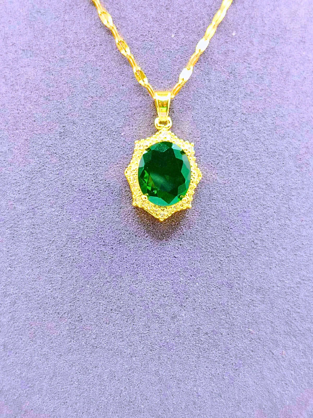 Titanium Steel Necklace and Earrings Set "King's Crown" with Faceted Green Cubic Zirconia and 14k Gold Plating by Calenbi