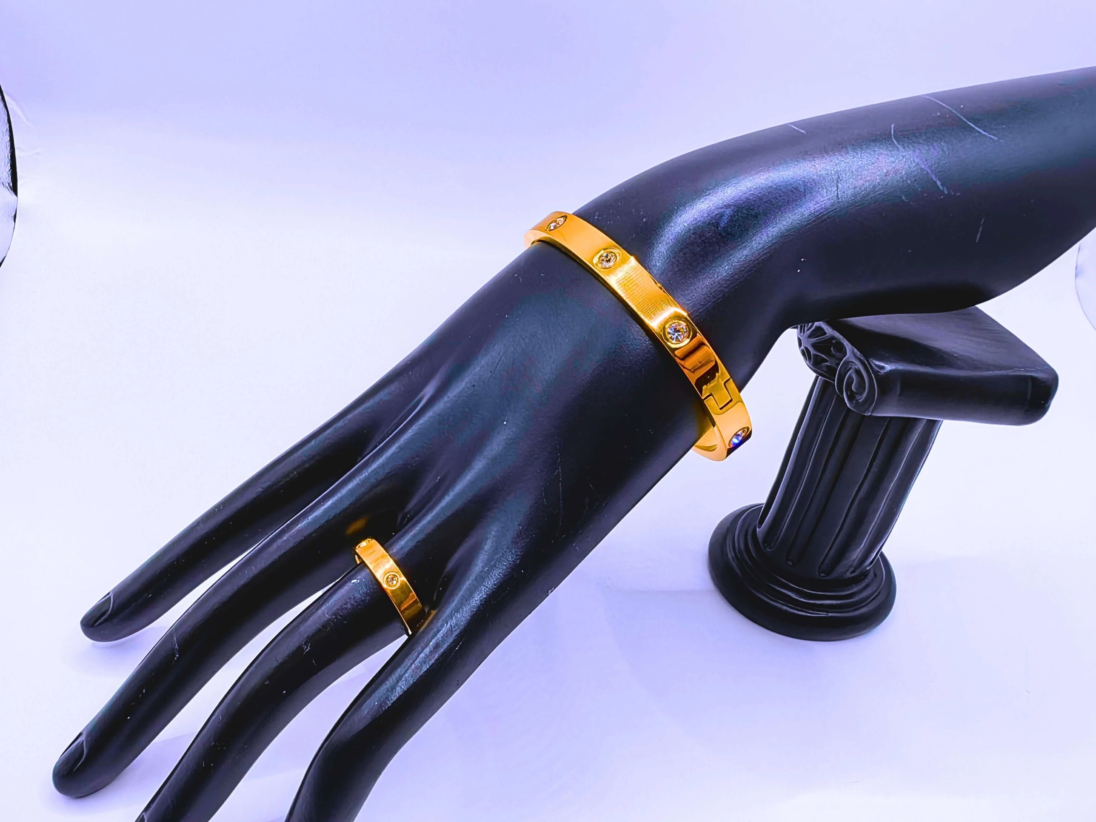 Stainless Steel Bracelet and Ring Set with 10k Gold Plated Clasp and White Cubic Zirconia by Calenbi