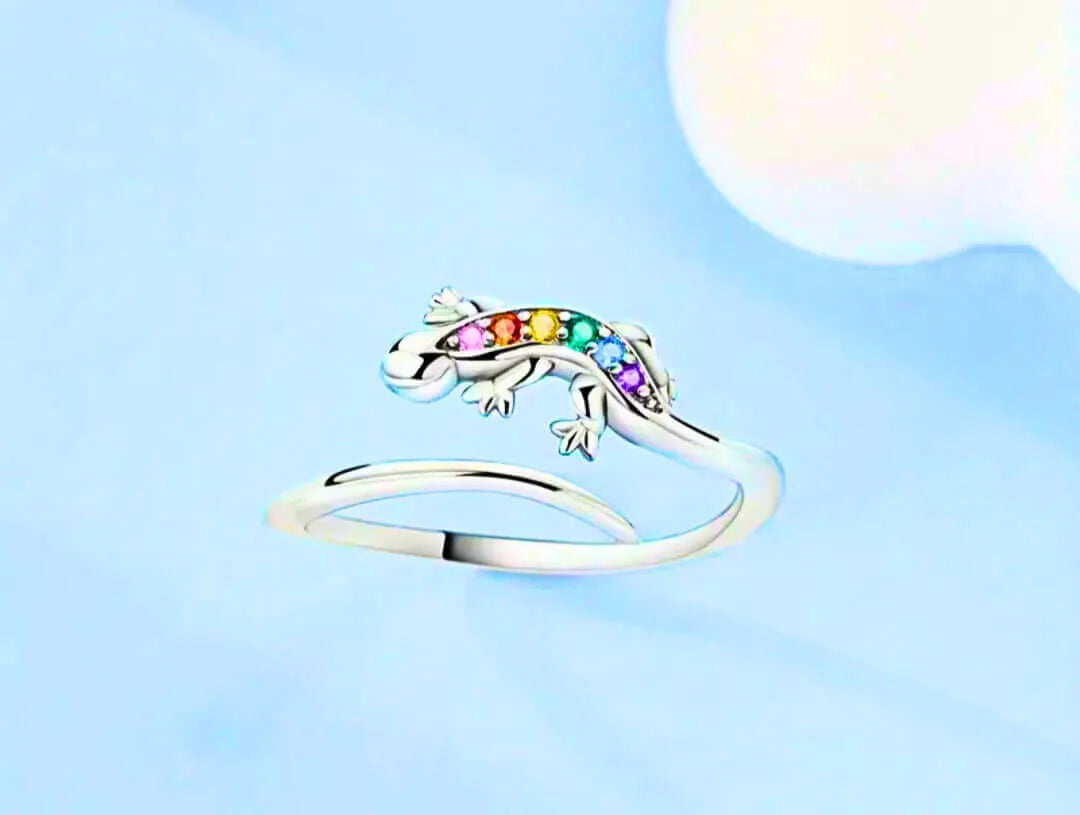 S925 Sterling Silver Ring with Cubic Zirconia and Colorful Salamander Design by Calenbi