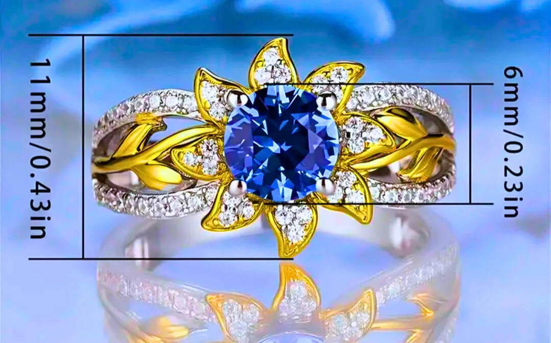 S925 Sterling Silver "Yellow Flower" Ring with Blue Cubic Zirconia and 12k Gold Plating by Calenbi
