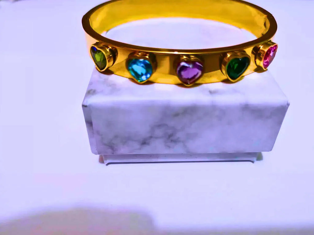 Pulsera Acero Inoxidable Circonita Cubica Corazónes Chapa Oro 12k Calenbi