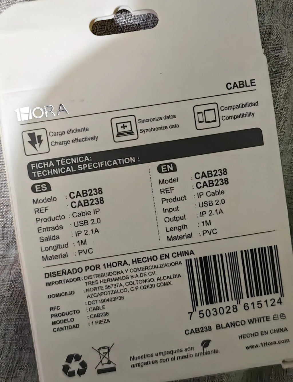 CAB238 - 1M IP 2.1A Charging and Data Cable (1 Hour)