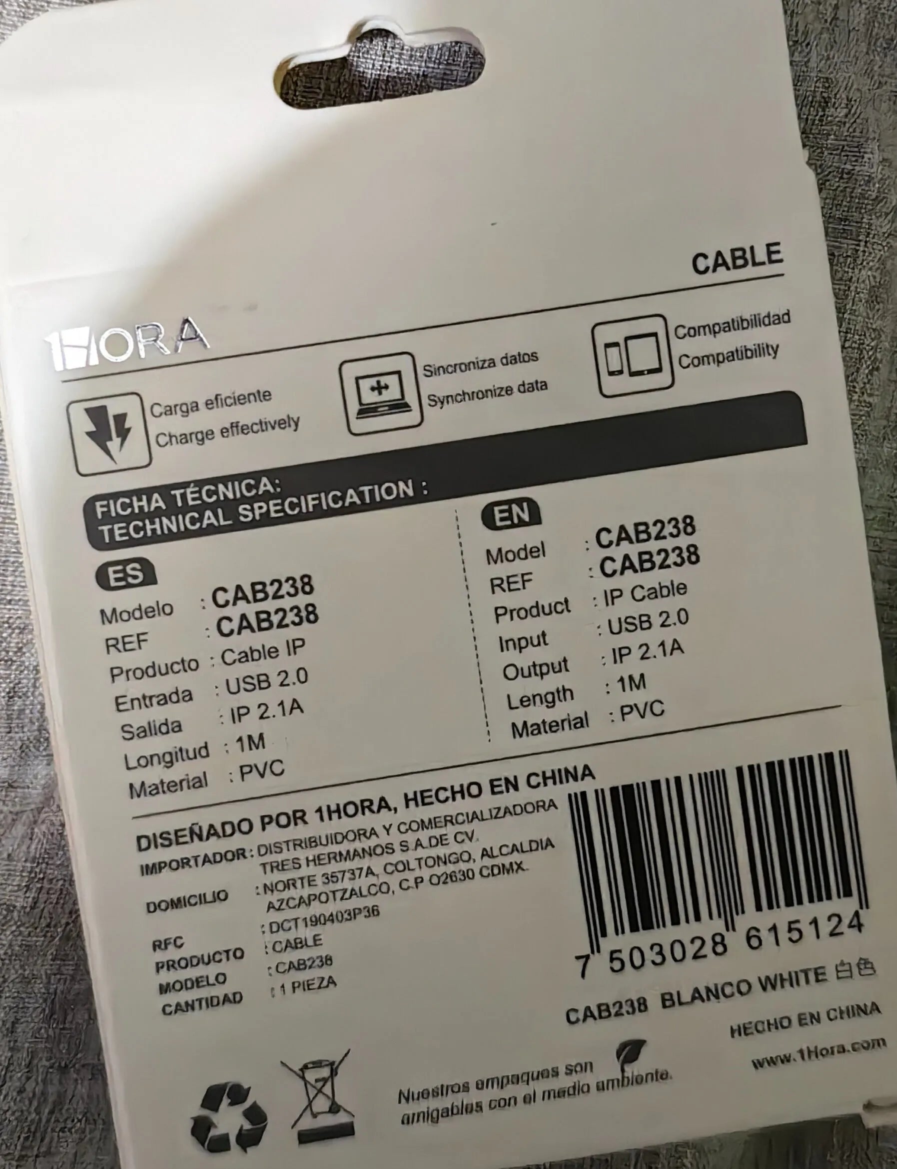 CAB238 - 1M IP 2.1A Charging and Data Cable (1 Hour)