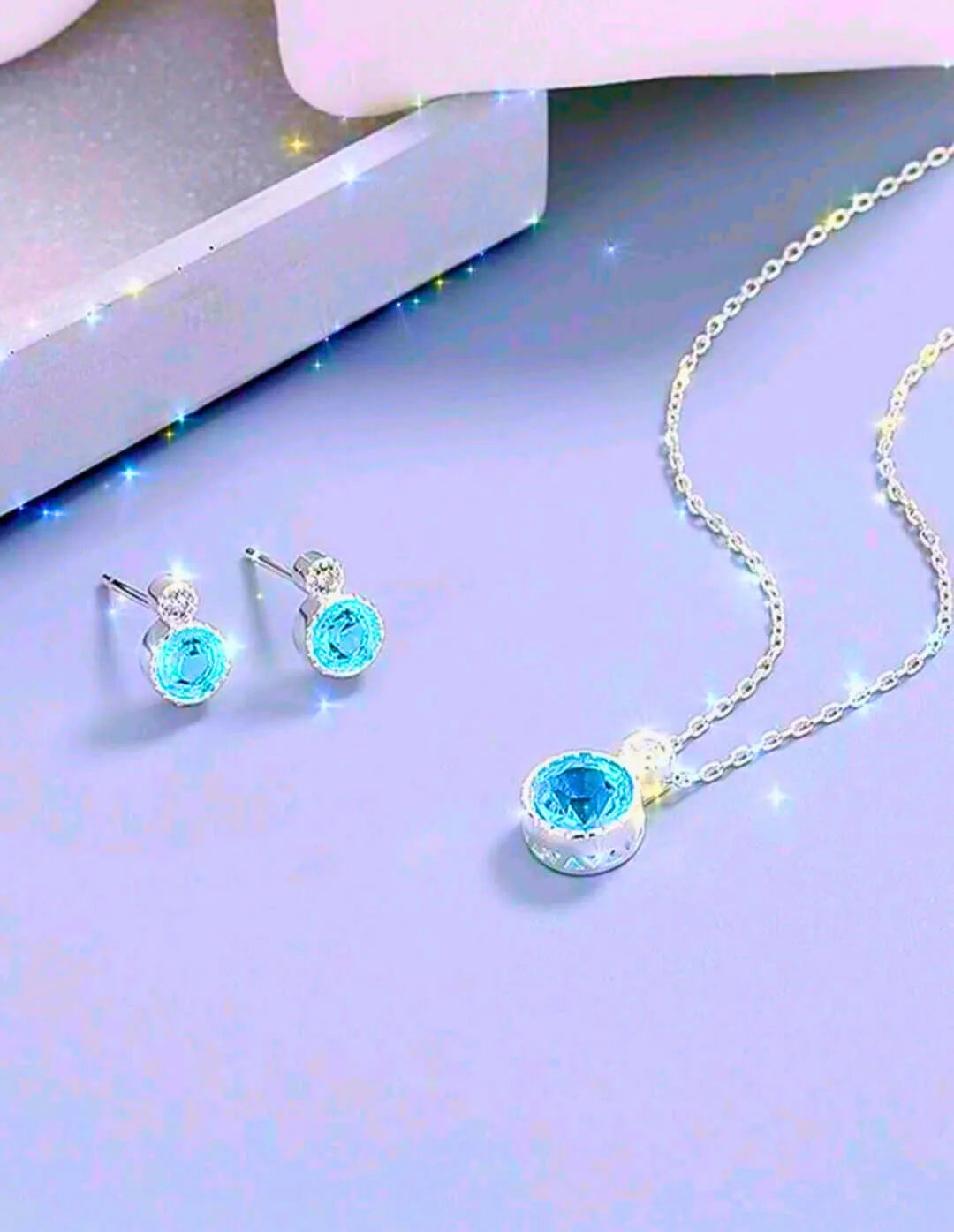 Necklace and Earrings Set S925 Sterling Silver Minimalist Modern Sky Blue Cubic Zirconia Calenbi