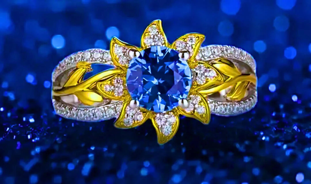 S925 Sterling Silver "Yellow Flower" Ring with Blue Cubic Zirconia and 12k Gold Plating by Calenbi