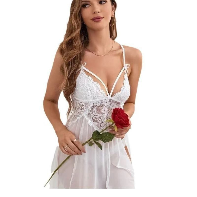 Conjunto De Camisola Sexy Con Encaje Y Costuras De Gasa Para Mujer , Abertura , P8AF