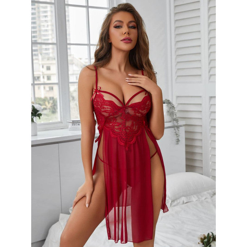 Conjunto De Camisola Sexy Con Encaje Y Costuras De Gasa Para Mujer , Abertura , P8AF