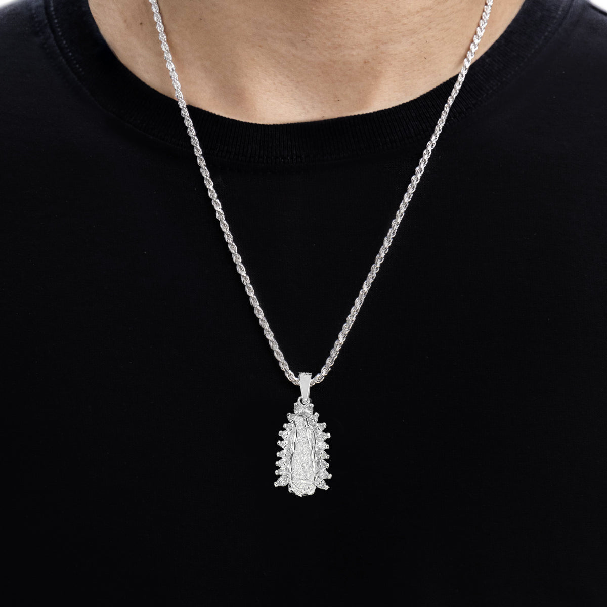 Virgin of Guadalupe Pendant in 925 Silver with Cubic Zirconia 2.7cm