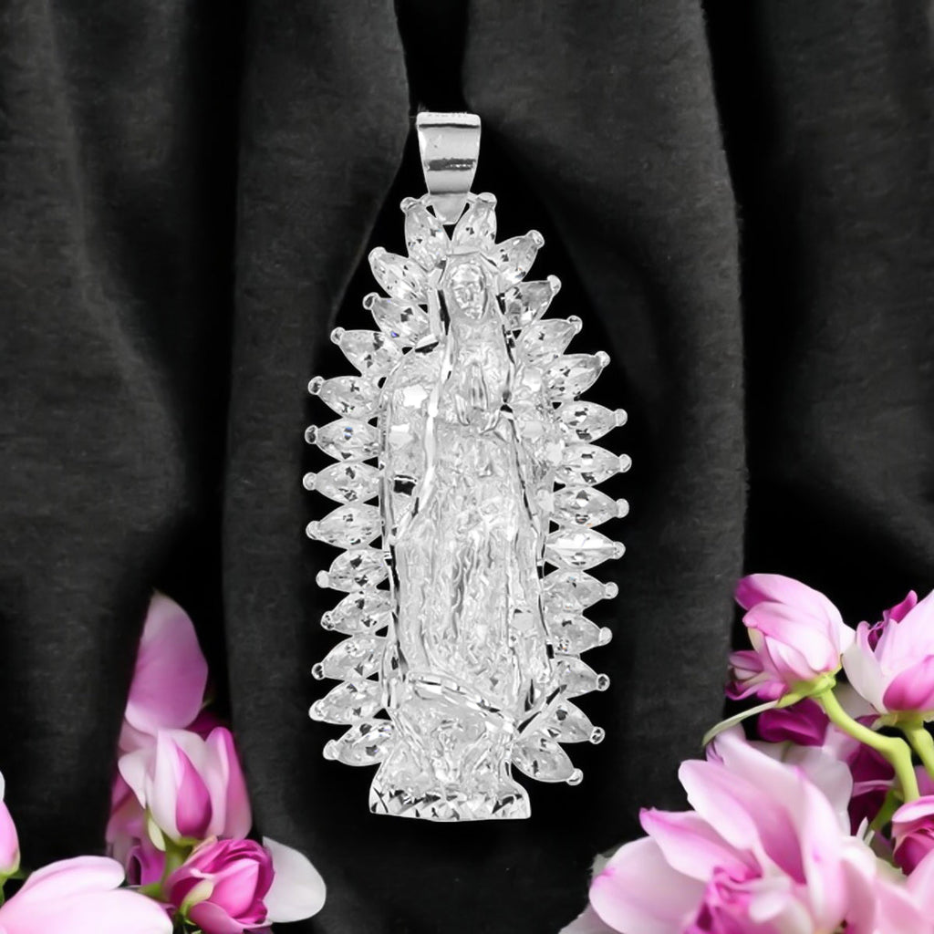Virgin of Guadalupe Pendant in 925 Silver with Cubic Zirconia 5.2cm