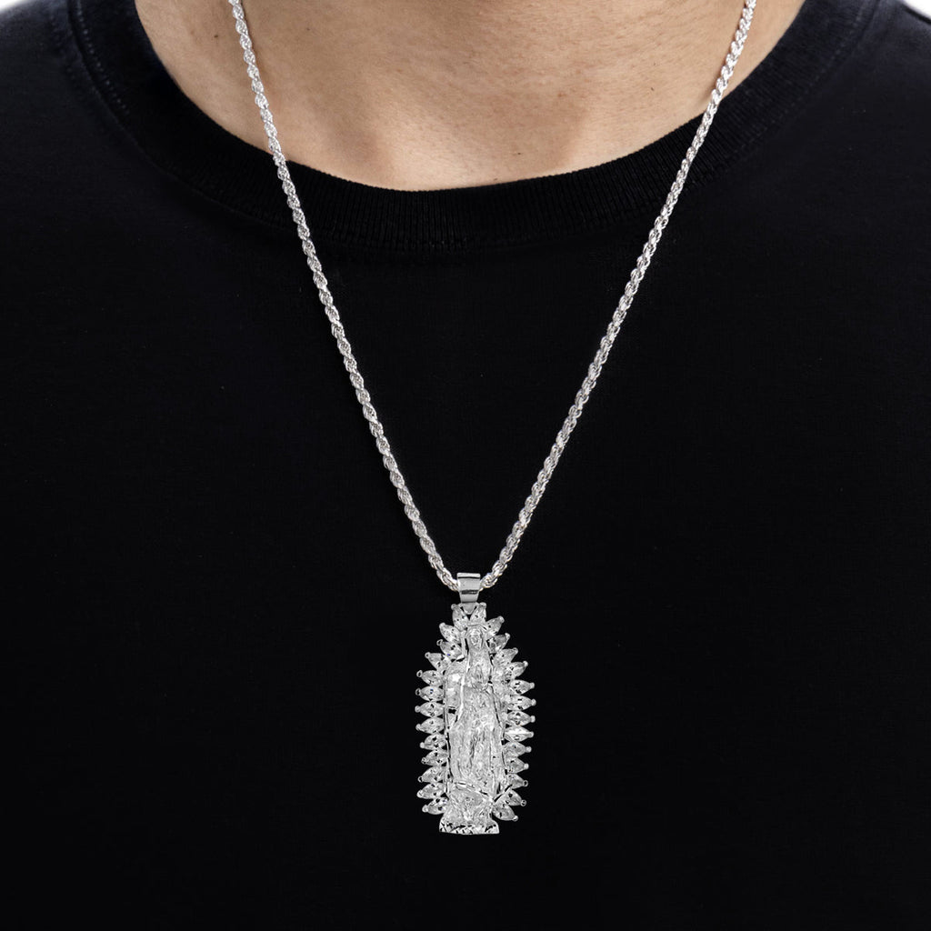 Virgin of Guadalupe Pendant in 925 Silver with Cubic Zirconia 5.2cm